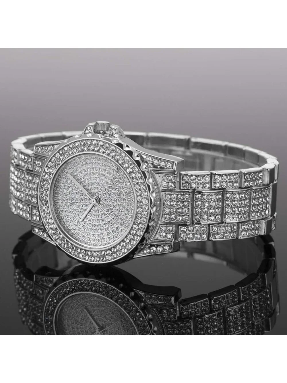 Women's Silver Diamond Stainless Steel Quartz Luxury Bling Fashion Crystal Watch